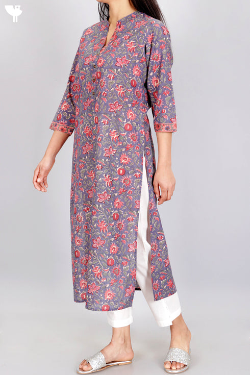 Terry Voile Kurta With Chiffon Dupatta In Floral Block Print