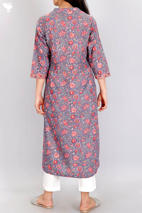 Terry Voile Kurta With Chiffon Dupatta In Floral Block Print