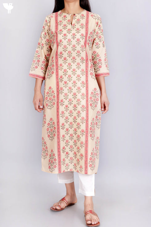 Terry Voile Kurta With Chiffon Dupatta In Floral Block Print