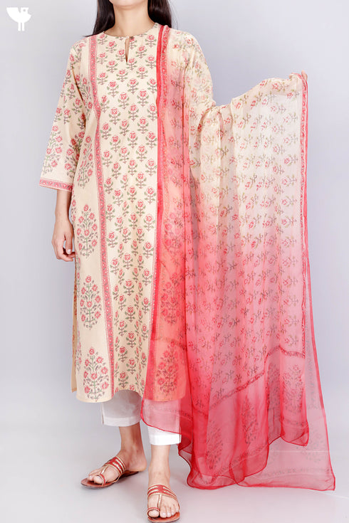 Terry Voile Kurta With Chiffon Dupatta In Floral Block Print