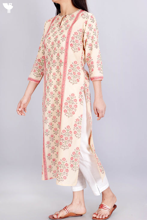 Terry Voile Kurta With Chiffon Dupatta In Floral Block Print