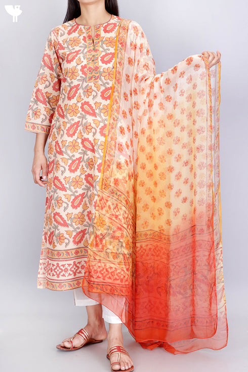 Terry Voile Kurta With Chiffon Dupatta In Floral Block Print