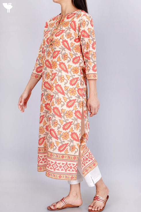 Terry Voile Kurta With Chiffon Dupatta In Floral Block Print