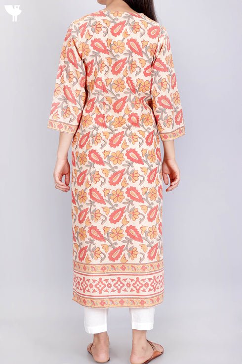Terry Voile Kurta With Chiffon Dupatta In Floral Block Print