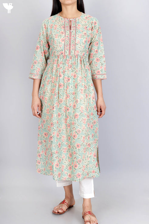 Terry Voile Kurta With Chiffon Dupatta In Floral Block Print
