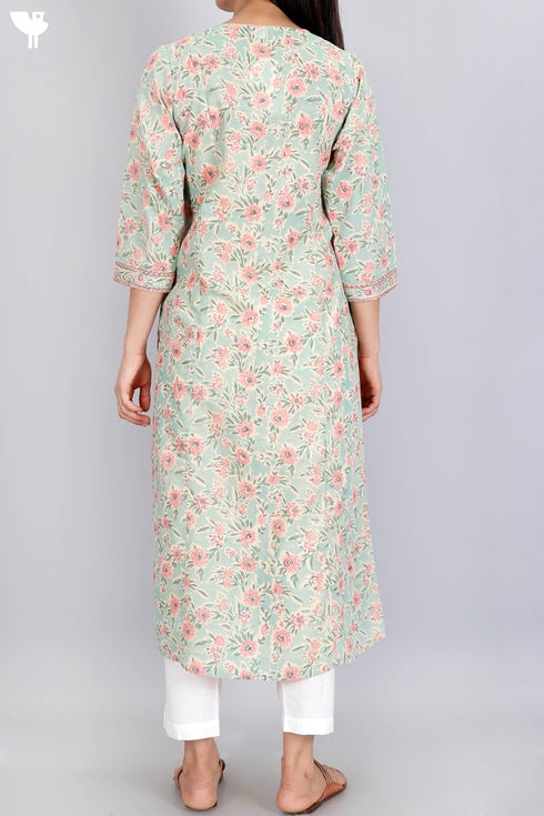 Terry Voile Kurta With Chiffon Dupatta In Floral Block Print