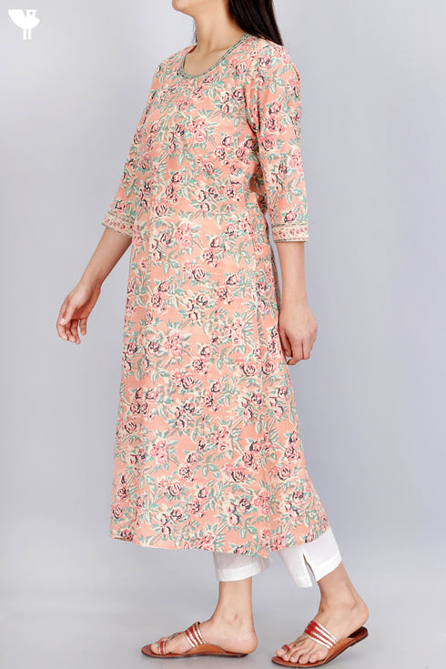 Terry Voile Kurta With Chiffon Dupatta In Floral Block Print