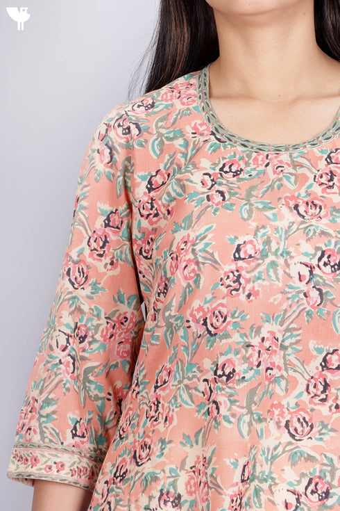 Terry Voile Kurta With Chiffon Dupatta In Floral Block Print