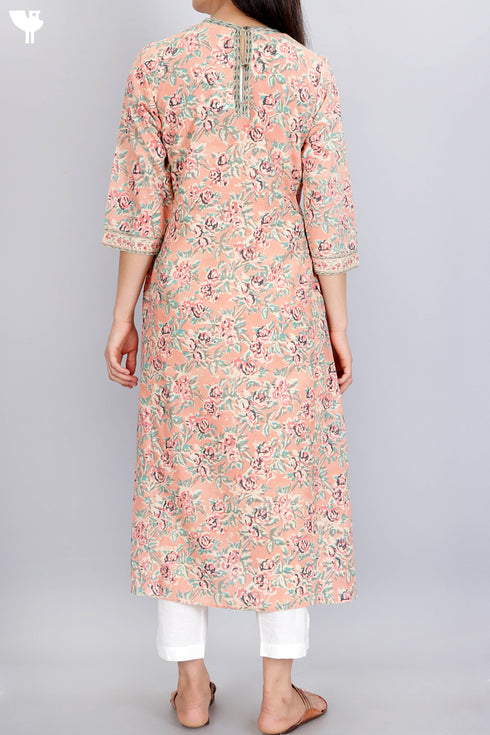 Terry Voile Kurta With Chiffon Dupatta In Floral Block Print