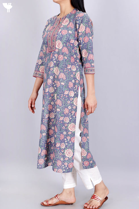 Terry Voile Kurta With Chiffon Dupatta In Floral Block Print