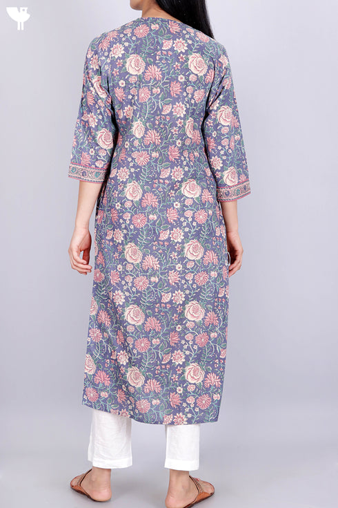 Terry Voile Kurta With Chiffon Dupatta In Floral Block Print