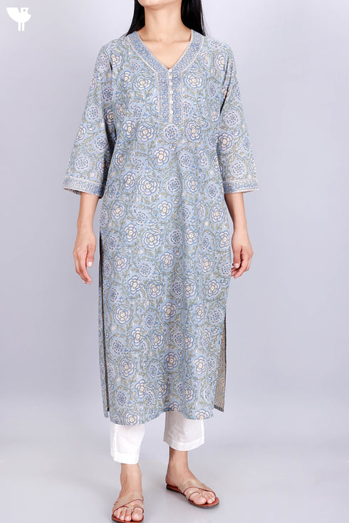 Terry Voile Kurta With Chiffon Dupatta In Floral Block Print