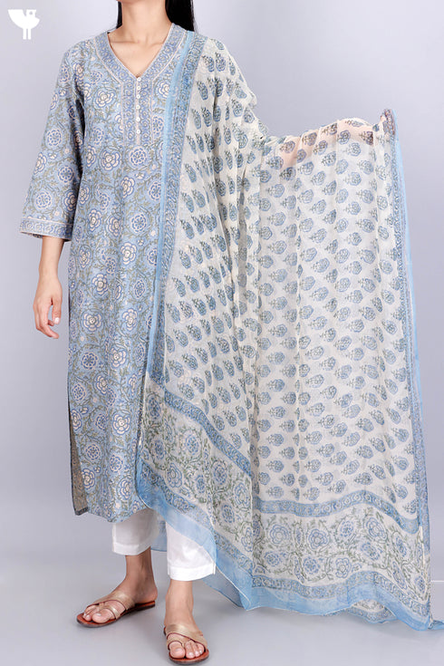 Terry Voile Kurta With Chiffon Dupatta In Floral Block Print
