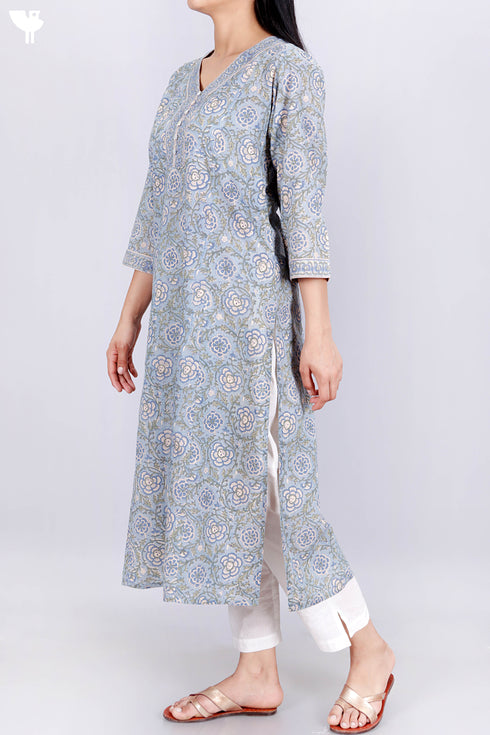 Terry Voile Kurta With Chiffon Dupatta In Floral Block Print