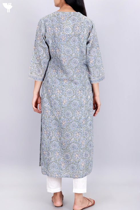 Terry Voile Kurta With Chiffon Dupatta In Floral Block Print