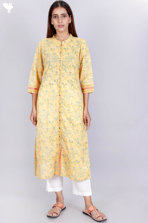 Terry Voile Kurta With Chiffon Dupatta In Floral Block Print