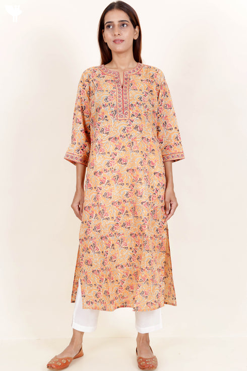Terry Voile Kurta With Chiffon Dupatta In Floral Block Print
