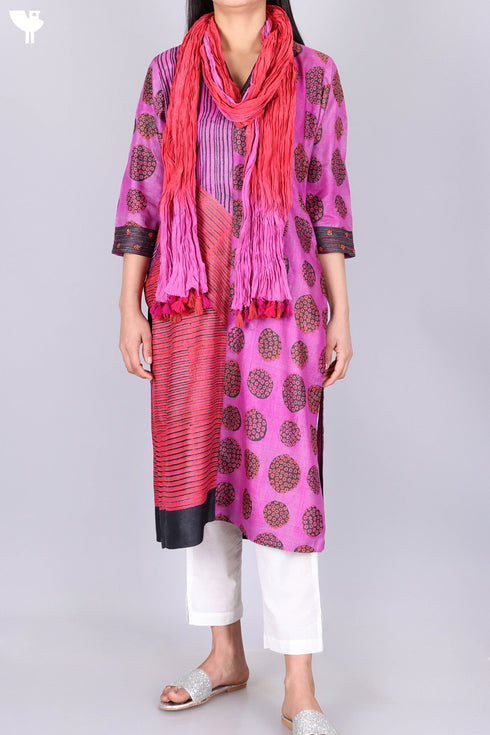 Tussar Silk Kurta Cotton Silk Dupatta Set In Block Print