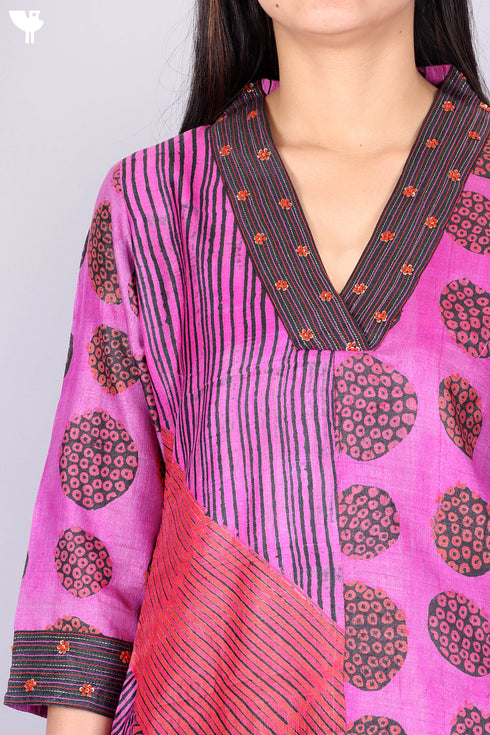 Tussar Silk Kurta Cotton Silk Dupatta Set In Block Print