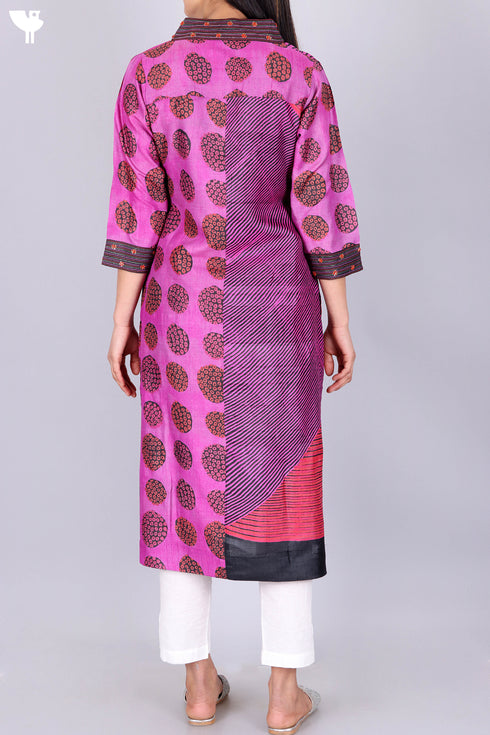 Tussar Silk Kurta Cotton Silk Dupatta Set In Block Print