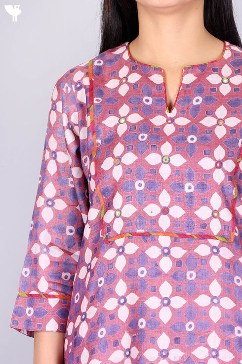 Tussar Silk Kurta Cotton Silk Dupatta Set In Block Print