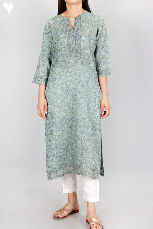 Kota Doria Kurta And Dupatta In Floral Block Print