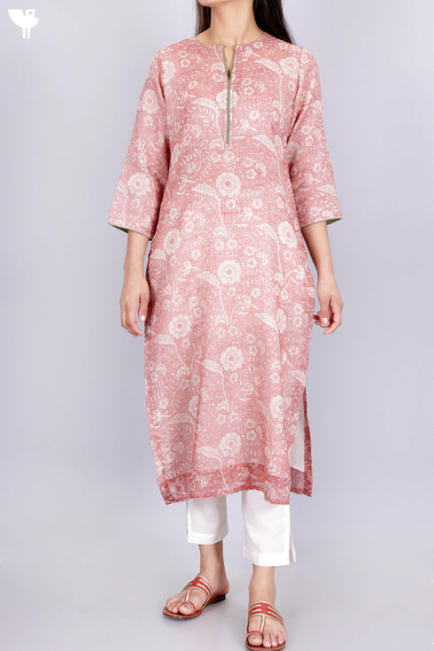 Kota Doria Kurta And DupattaIn Pale Pink Floral Block Print