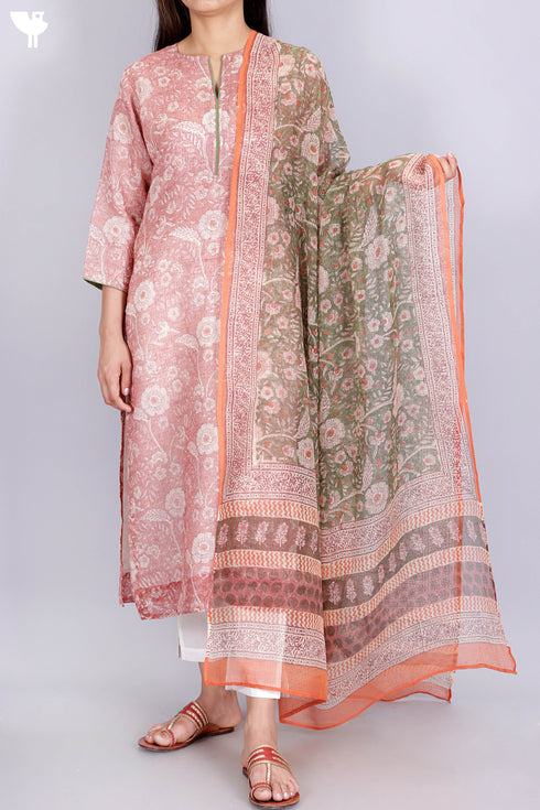 Kota Doria Kurta And DupattaIn Pale Pink Floral Block Print