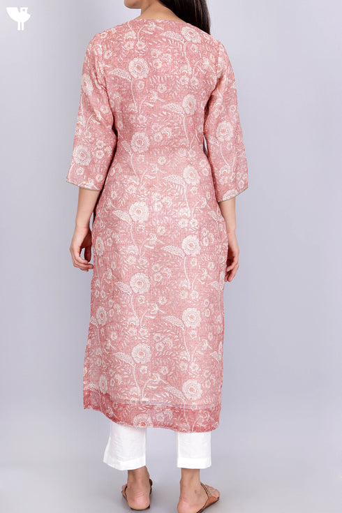 Kota Doria Kurta And DupattaIn Pale Pink Floral Block Print