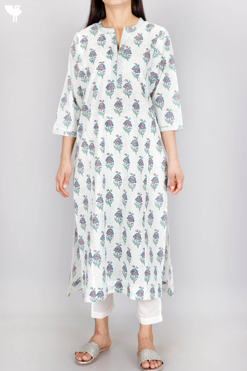 Cambric Cotton Lucknowi Kurta With Kota Doria Dupatta In Floral Block Print