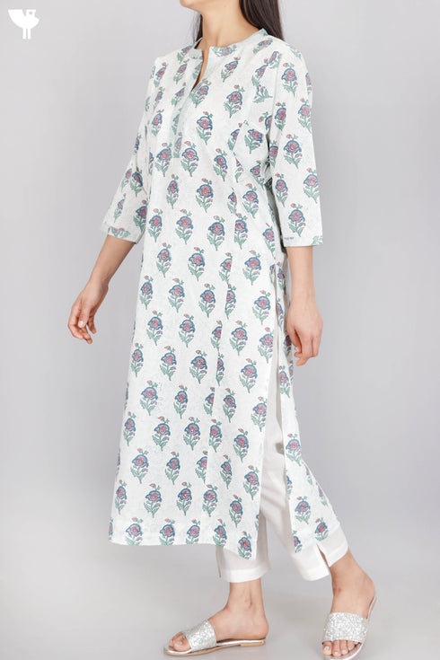 Cambric Cotton Lucknowi Kurta With Kota Doria Dupatta In Floral Block Print