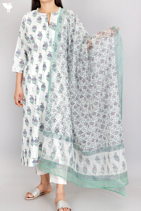 Cambric Cotton Lucknowi Kurta With Kota Doria Dupatta In Floral Block Print