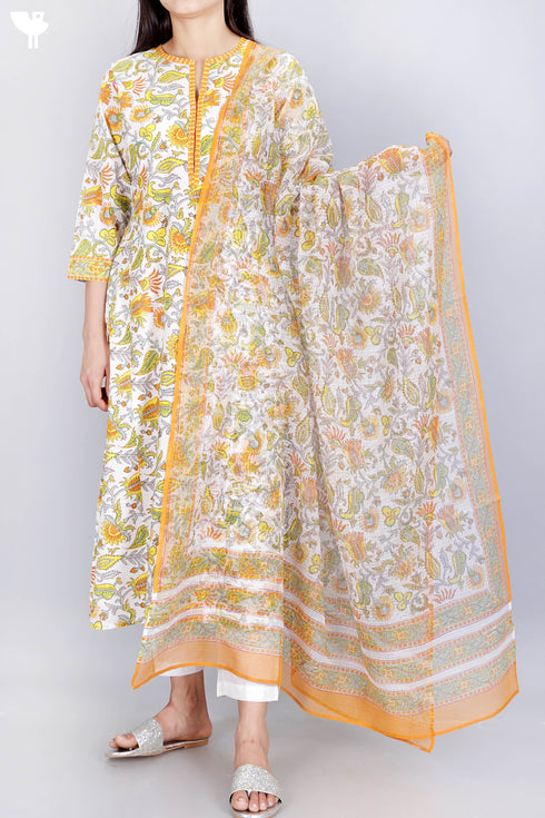 Cambric Cotton Kurta With Kota Doria Dupatta In Floral Block Print