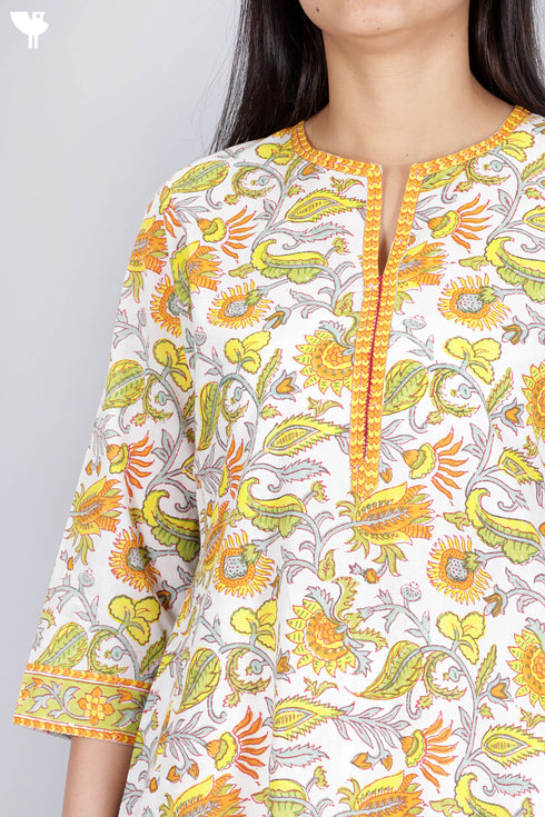 Cambric Cotton Kurta With Kota Doria Dupatta In Floral Block Print