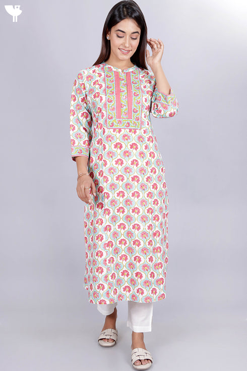 Cambric Cotton Kurta With Kota Doria Dupatta In Floral Block Print