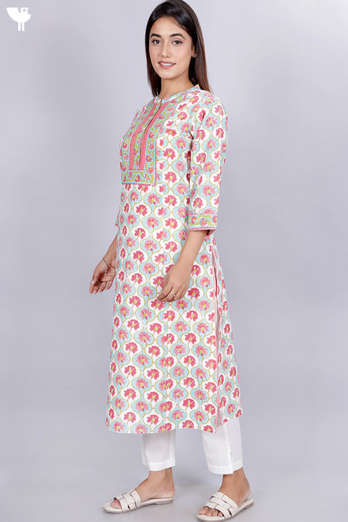 Cambric Cotton Kurta With Kota Doria Dupatta In Floral Block Print