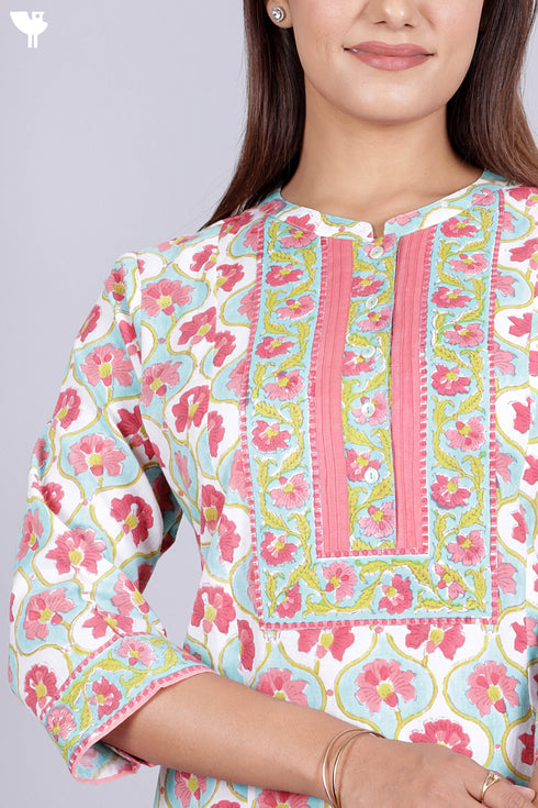 Cambric Cotton Kurta With Kota Doria Dupatta In Floral Block Print