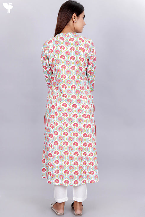 Cambric Cotton Kurta With Kota Doria Dupatta In Floral Block Print