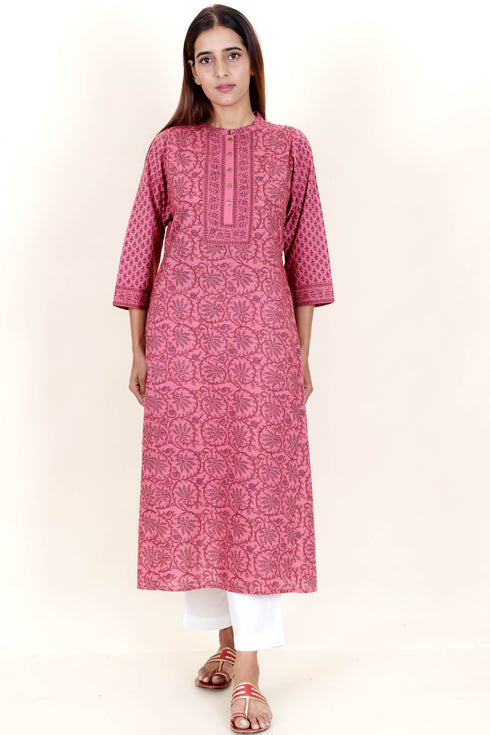Cambric Cotton Kurta With Kota Doria Dupatta In Floral Block Print
