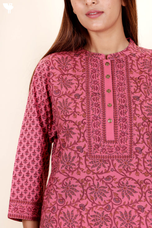 Cambric Cotton Kurta With Kota Doria Dupatta In Floral Block Print