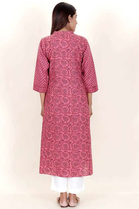 Cambric Cotton Kurta With Kota Doria Dupatta In Floral Block Print