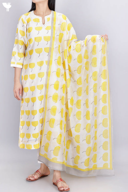 Chanderi Silk Kurta And Dupatta Set In Floral Block Print
