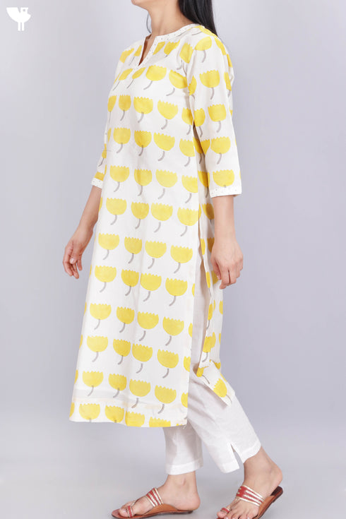 Chanderi Silk Kurta And Dupatta Set In Floral Block Print