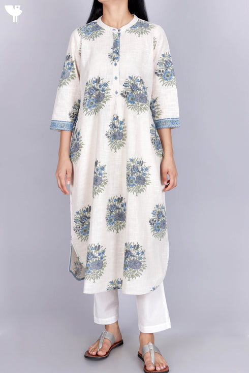 Organic Slub Cotton Kurta With Kota Doria Dupatta in Floral Block Print