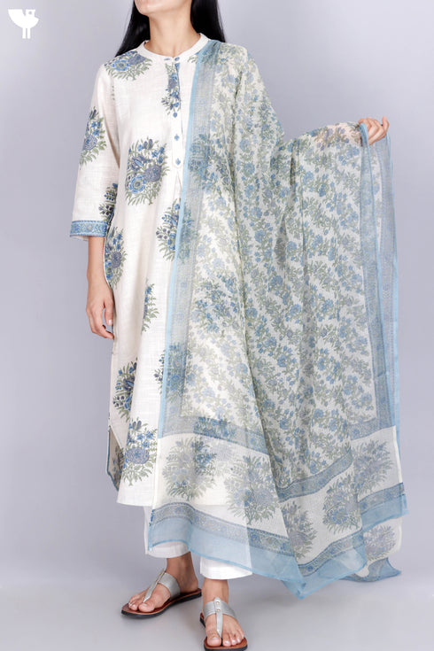 Organic Slub Cotton Kurta With Kota Doria Dupatta in Floral Block Print