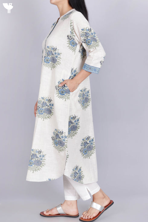 Organic Slub Cotton Kurta With Kota Doria Dupatta in Floral Block Print