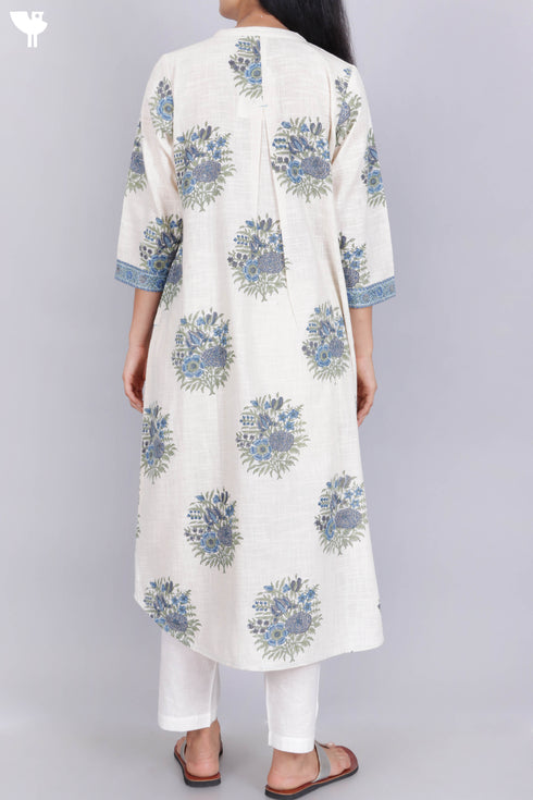 Organic Slub Cotton Kurta With Kota Doria Dupatta in Floral Block Print