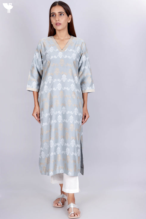 Chanderi Silk Kurta And Dupatta Set With Gold Block Print