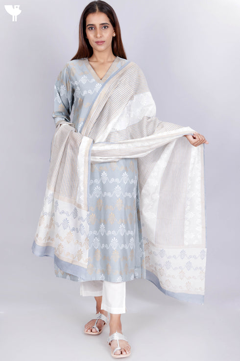 Chanderi Silk Kurta And Dupatta Set With Gold Block Print
