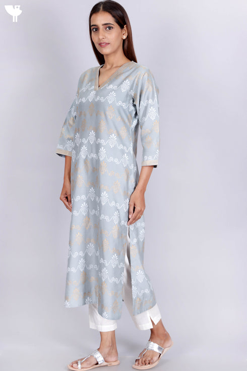 Chanderi Silk Kurta And Dupatta Set With Gold Block Print